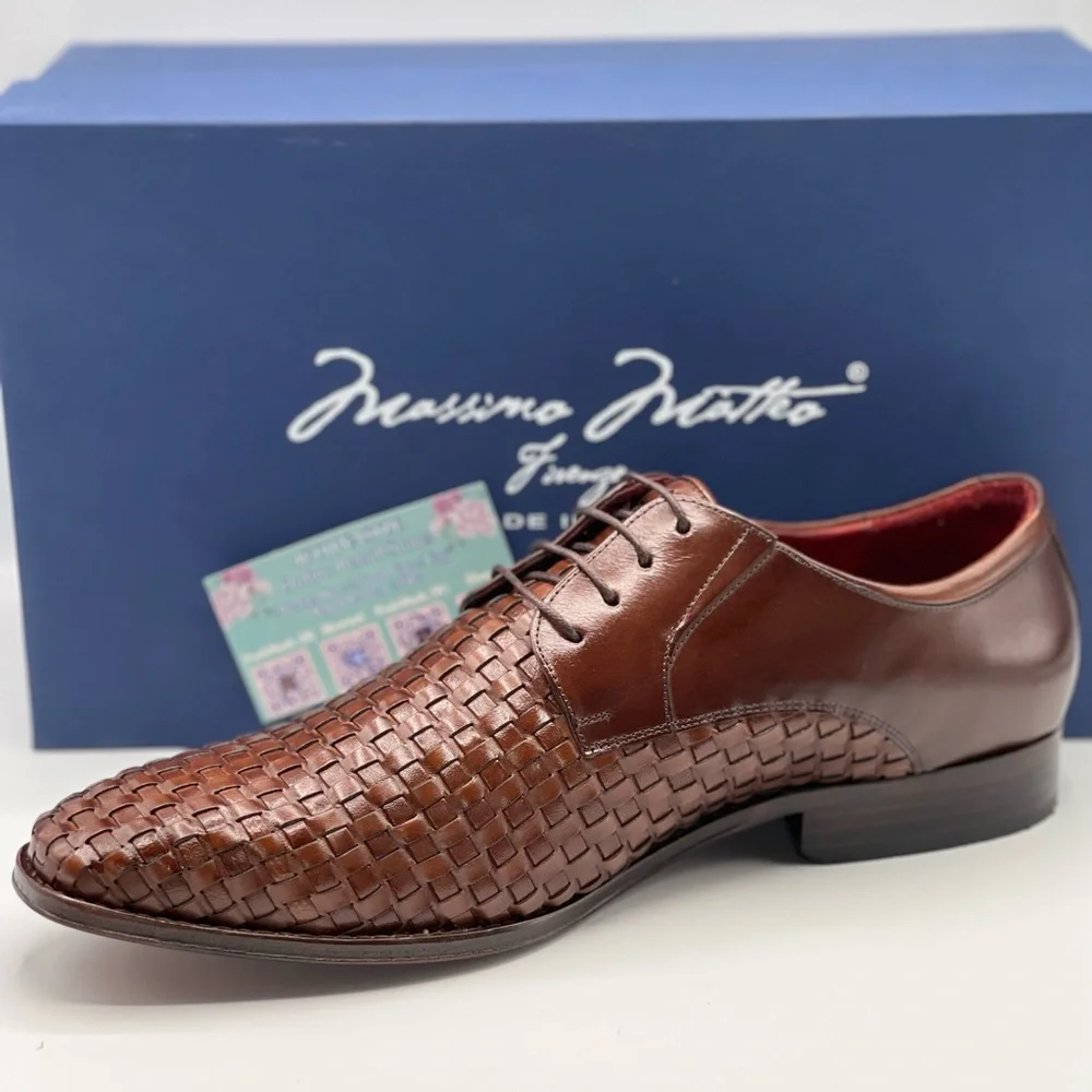 MASSIMO MATTEO WOVEN BROWN LEATHER‎ LACE-UP MOC TOE WINGTIP SHOE (SIZE 9.5)